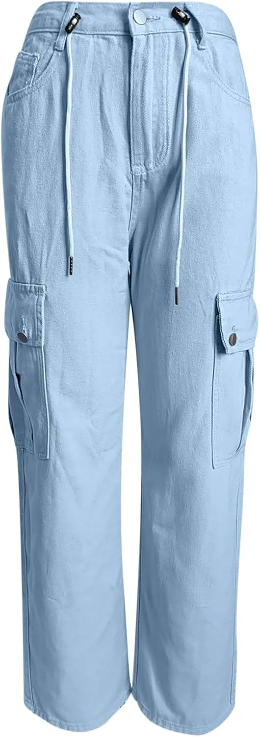 Cargo Jeans for Women Low Rise Drawstring Bootcut Jeans Pants Relax Fit Wide Leg Trousers Multi-Pocket Straight Jeans