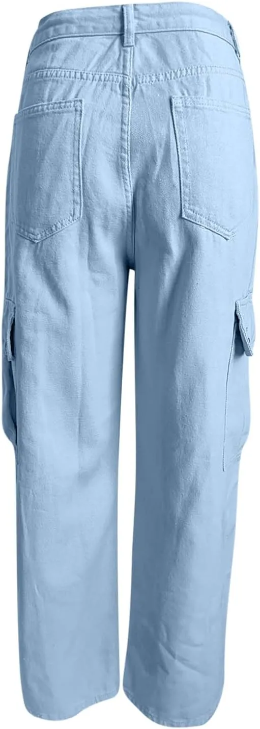 Cargo Jeans for Women Low Rise Drawstring Bootcut Jeans Pants Relax Fit Wide Leg Trousers Multi-Pocket Straight Jeans