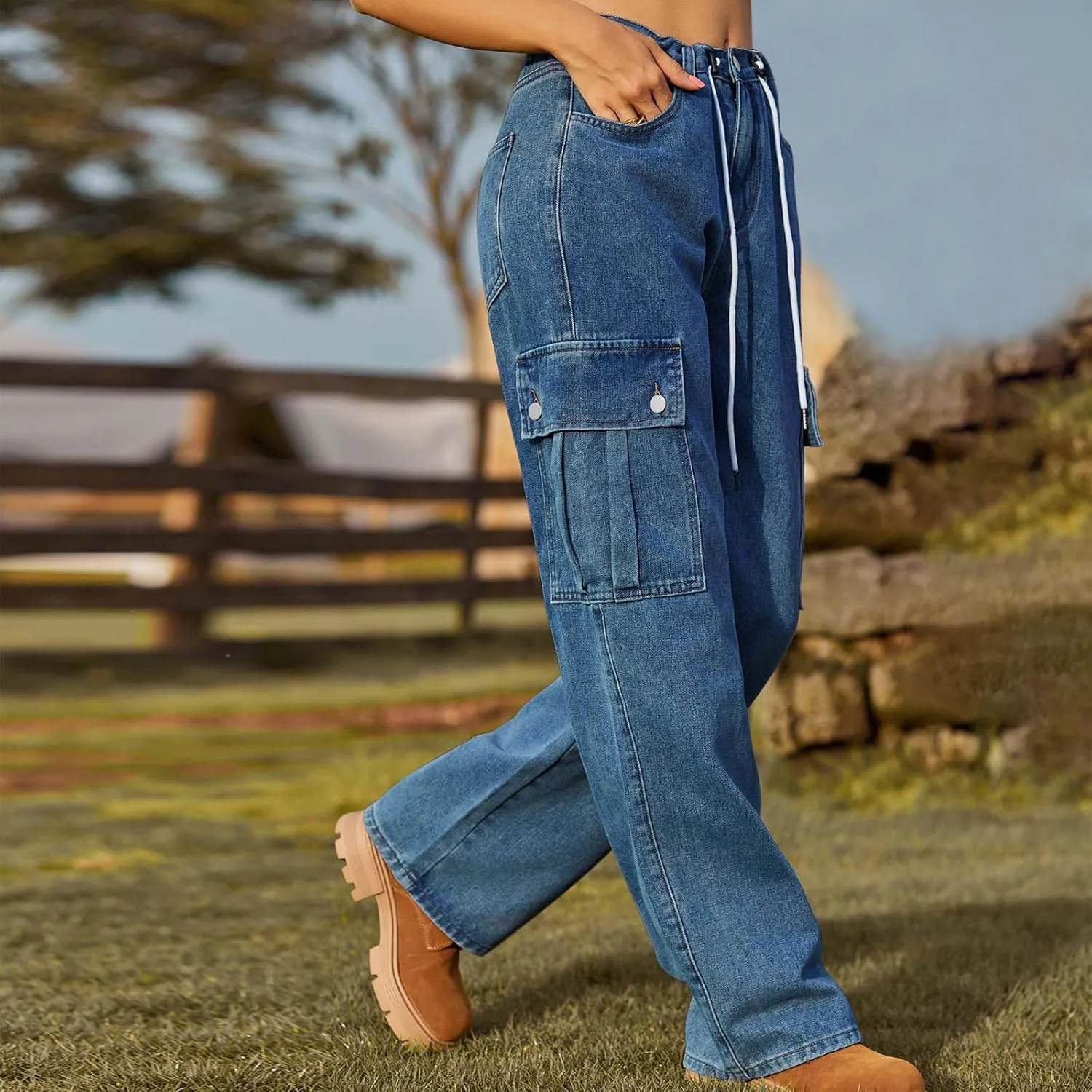Cargo Jeans for Women Low Rise Drawstring Bootcut Jeans Pants Relax Fit Wide Leg Trousers Multi-Pocket Straight Jeans