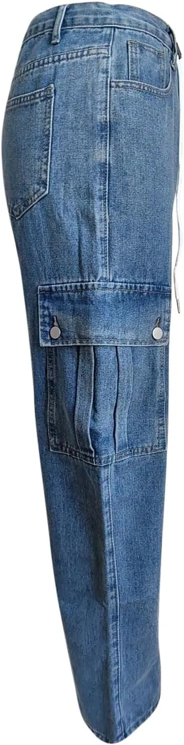 Cargo Jeans for Women Low Rise Drawstring Bootcut Jeans Pants Relax Fit Wide Leg Trousers Multi-Pocket Straight Jeans