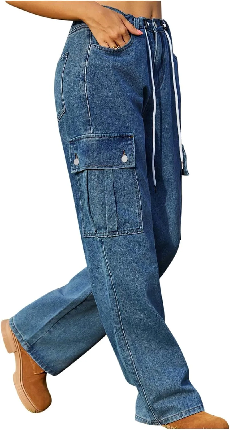 Cargo Jeans for Women Low Rise Drawstring Bootcut Jeans Pants Relax Fit Wide Leg Trousers Multi-Pocket Straight Jeans