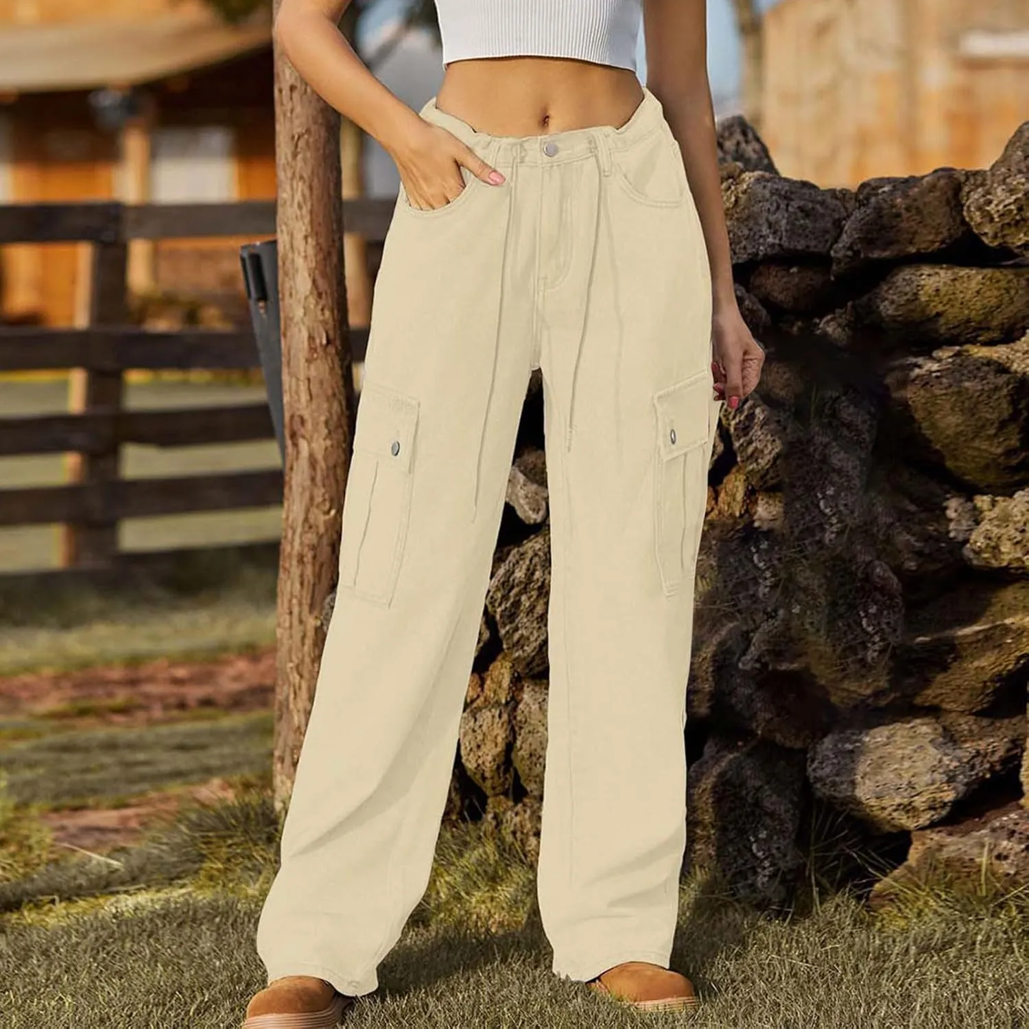 Cargo Jeans for Women Low Rise Drawstring Bootcut Jeans Pants Relax Fit Wide Leg Trousers Multi-Pocket Straight Jeans