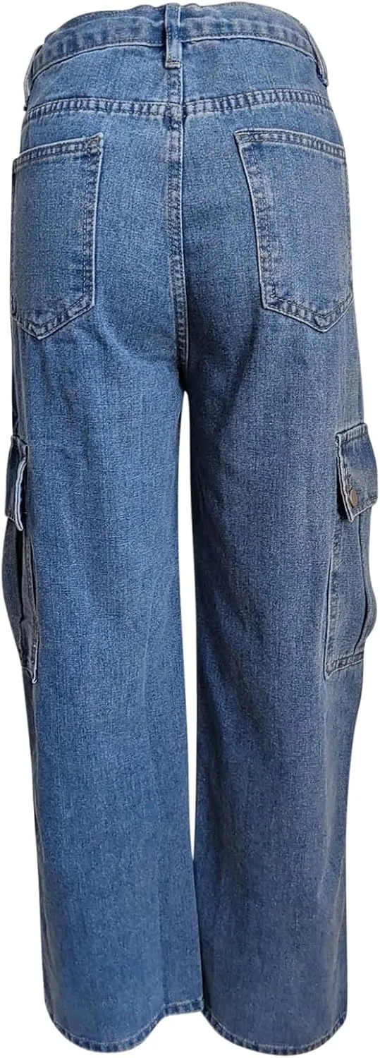 Cargo Jeans for Women Low Rise Drawstring Bootcut Jeans Pants Relax Fit Wide Leg Trousers Multi-Pocket Straight Jeans