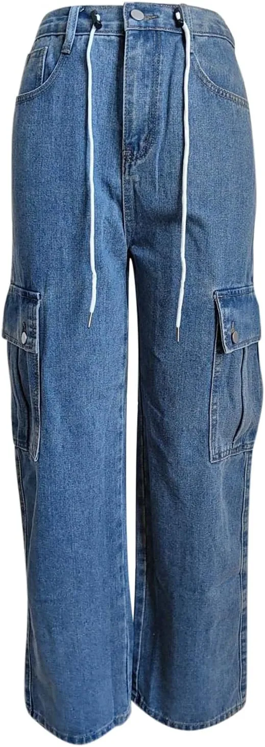 Cargo Jeans for Women Low Rise Drawstring Bootcut Jeans Pants Relax Fit Wide Leg Trousers Multi-Pocket Straight Jeans