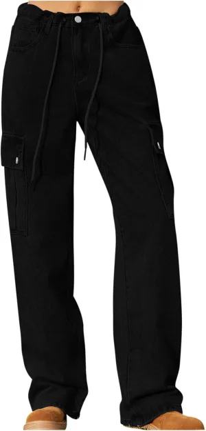 Cargo Jeans for Women Low Rise Drawstring Bootcut Jeans Pants Relax Fit Wide Leg Trousers Multi-Pocket Straight Jeans