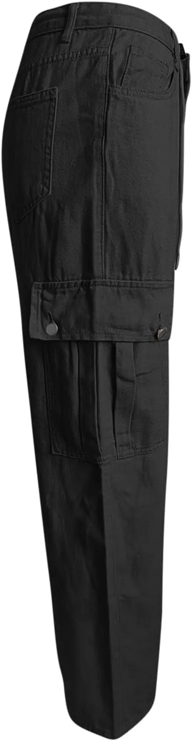 Cargo Jeans for Women Low Rise Drawstring Bootcut Jeans Pants Relax Fit Wide Leg Trousers Multi-Pocket Straight Jeans