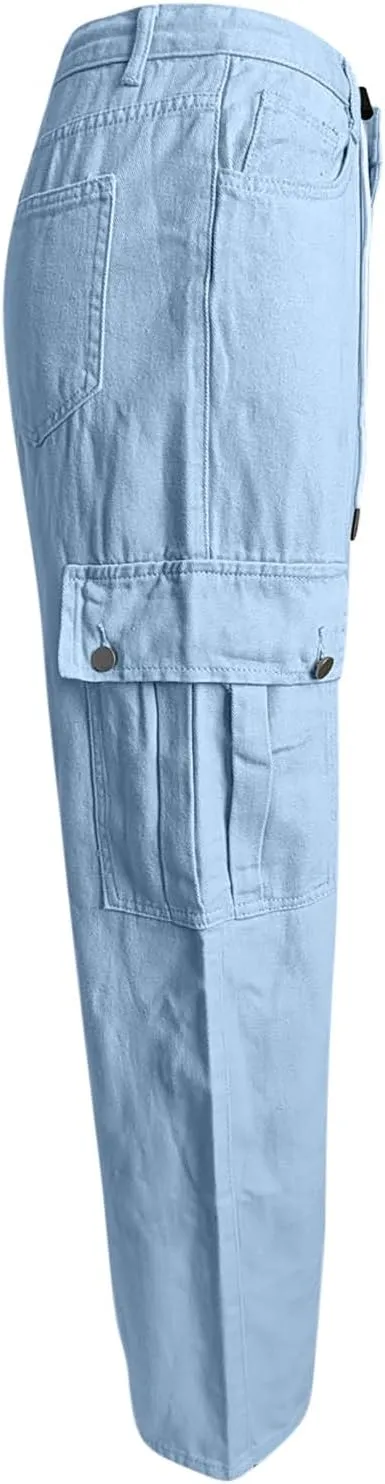 Cargo Jeans for Women Low Rise Drawstring Bootcut Jeans Pants Relax Fit Wide Leg Trousers Multi-Pocket Straight Jeans