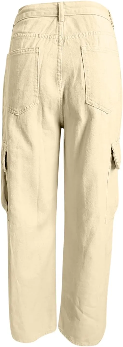 Cargo Jeans for Women Low Rise Drawstring Bootcut Jeans Pants Relax Fit Wide Leg Trousers Multi-Pocket Straight Jeans