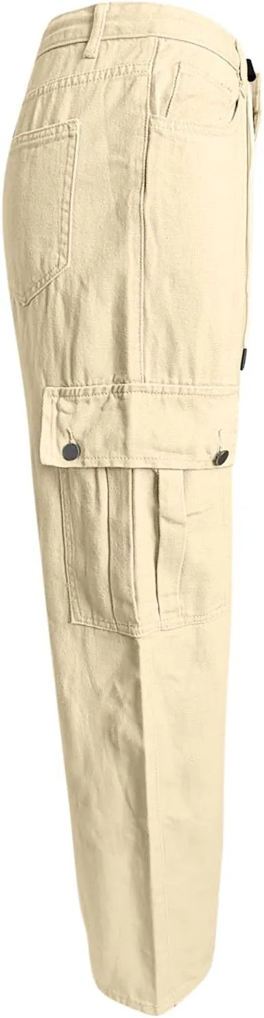 Cargo Jeans for Women Low Rise Drawstring Bootcut Jeans Pants Relax Fit Wide Leg Trousers Multi-Pocket Straight Jeans
