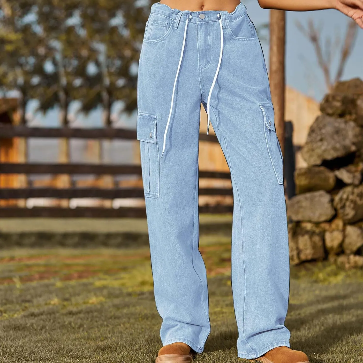 Cargo Jeans for Women Low Rise Drawstring Bootcut Jeans Pants Relax Fit Wide Leg Trousers Multi-Pocket Straight Jeans