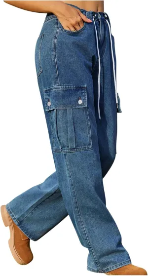 Cargo Jeans for Women Low Rise Drawstring Bootcut Jeans Pants Relax Fit Wide Leg Trousers Multi-Pocket Straight Jeans