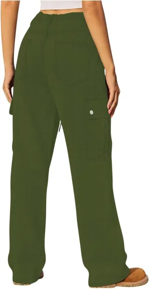 Cargo Jeans for Women Low Rise Drawstring Bootcut Jeans Pants Relax Fit Wide Leg Trousers Multi-Pocket Straight Jeans