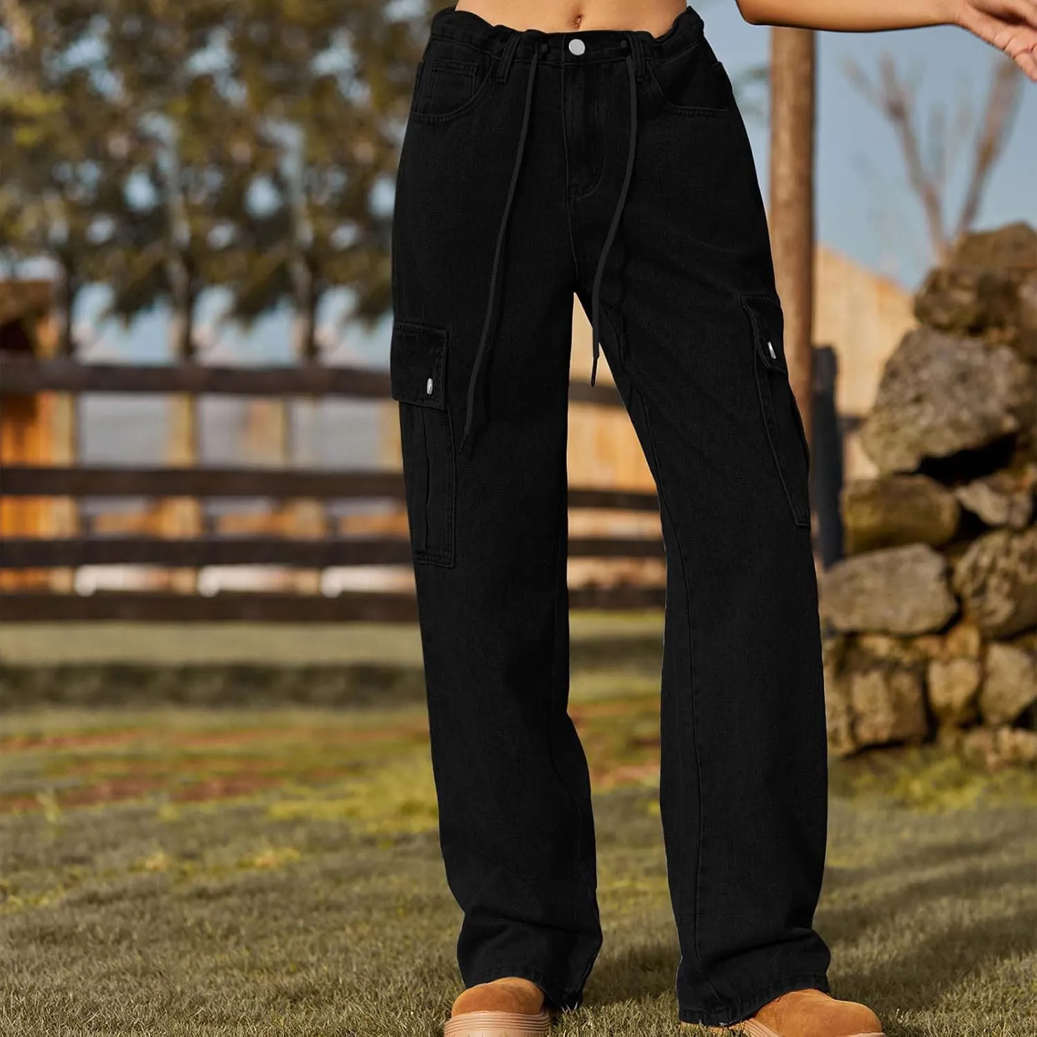 Cargo Jeans for Women Low Rise Drawstring Bootcut Jeans Pants Relax Fit Wide Leg Trousers Multi-Pocket Straight Jeans