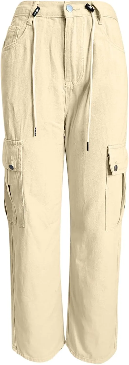 Cargo Jeans for Women Low Rise Drawstring Bootcut Jeans Pants Relax Fit Wide Leg Trousers Multi-Pocket Straight Jeans