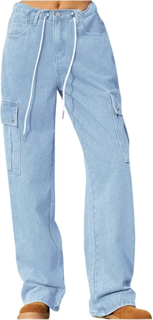 Cargo Jeans for Women Low Rise Drawstring Bootcut Jeans Pants Relax Fit Wide Leg Trousers Multi-Pocket Straight Jeans