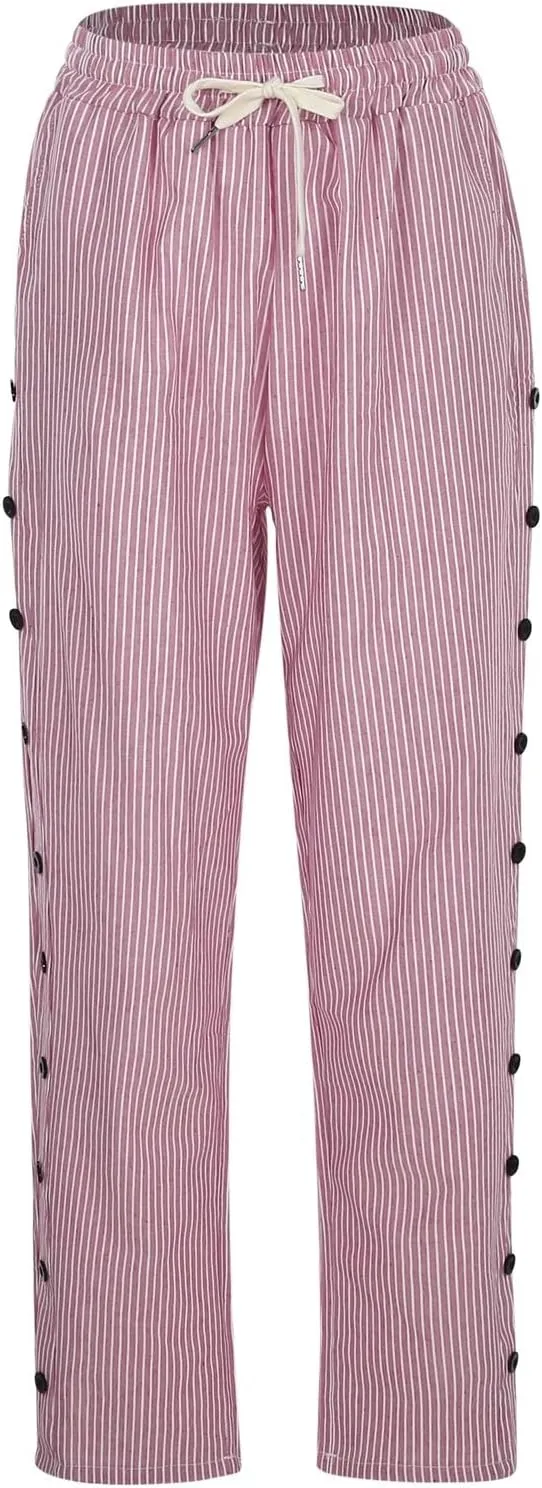 Casual Stripe Cotton Linen Pants for Womens Lightweight Elastic Drawstring Leisure Joggers Daily Soft Comfy Straight Leg Pant