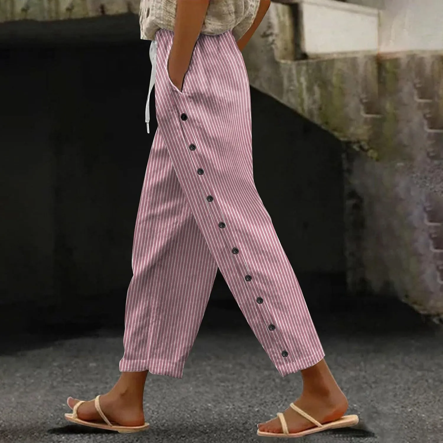 Casual Stripe Cotton Linen Pants for Womens Lightweight Elastic Drawstring Leisure Joggers Daily Soft Comfy Straight Leg Pant