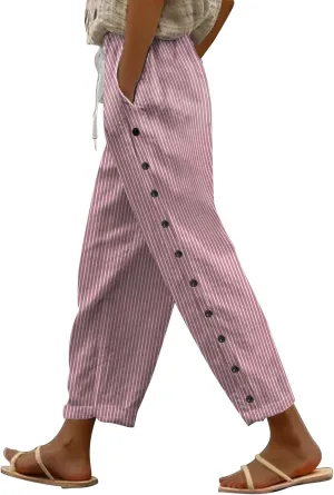 Casual Stripe Cotton Linen Pants for Womens Lightweight Elastic Drawstring Leisure Joggers Daily Soft Comfy Straight Leg Pant