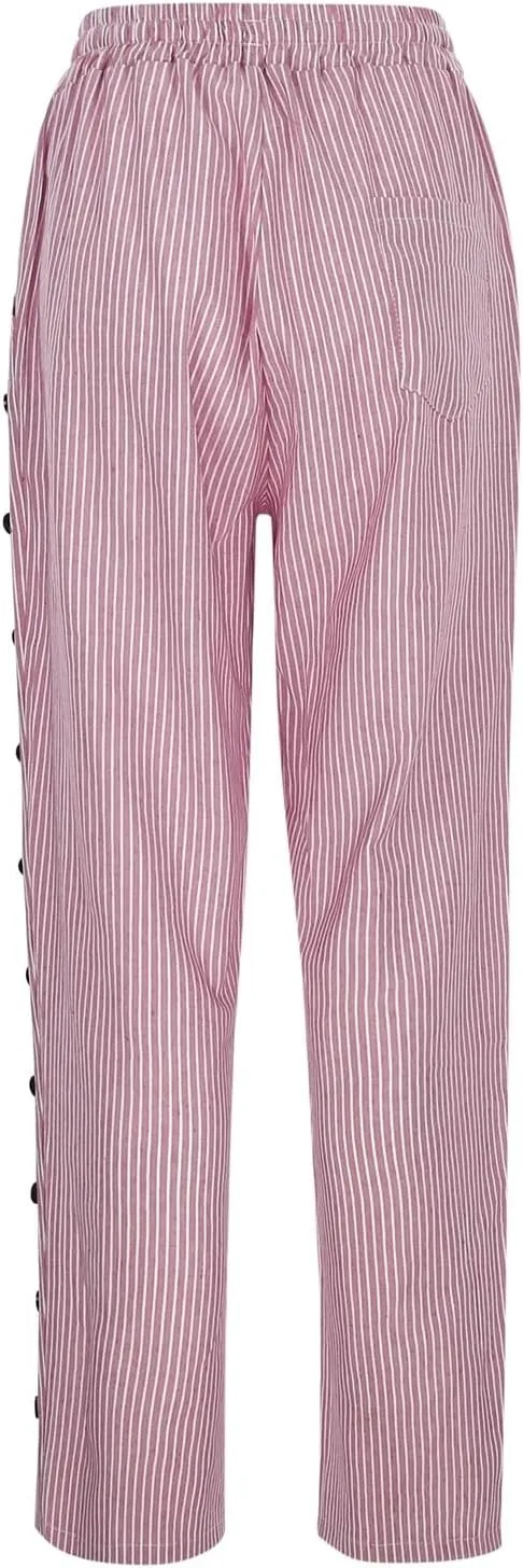 Casual Stripe Cotton Linen Pants for Womens Lightweight Elastic Drawstring Leisure Joggers Daily Soft Comfy Straight Leg Pant
