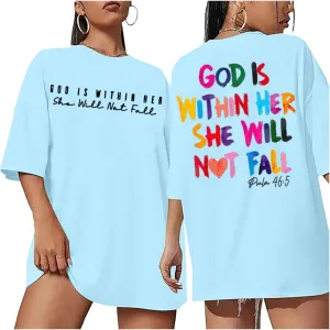 Christian Shirts for Women Oversized God Bible Verse Shirt Faith Jesus Tshirts God is Within Her She Will Not Fall