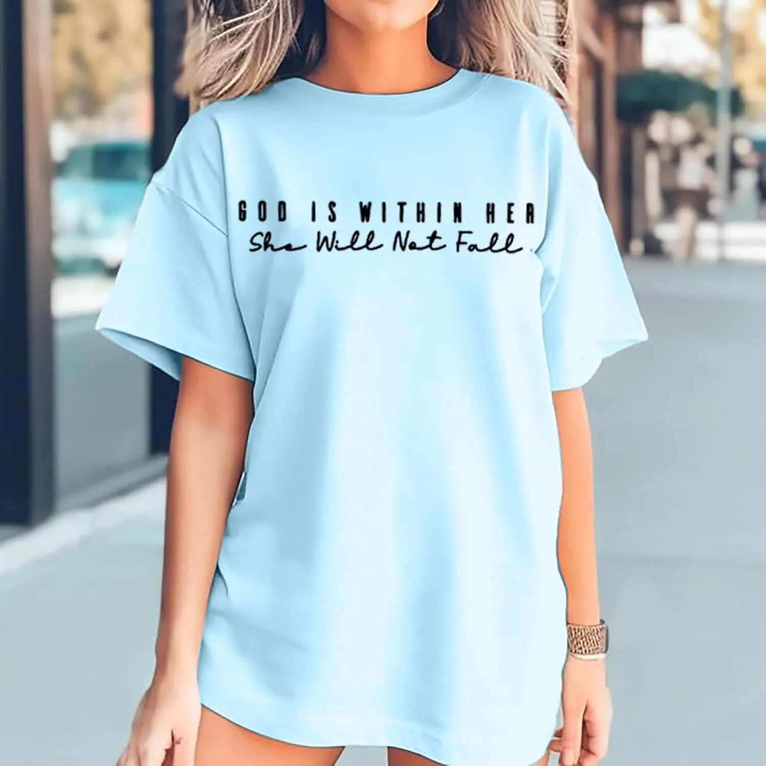 Christian Shirts for Women Oversized God Bible Verse Shirt Faith Jesus Tshirts God is Within Her She Will Not Fall