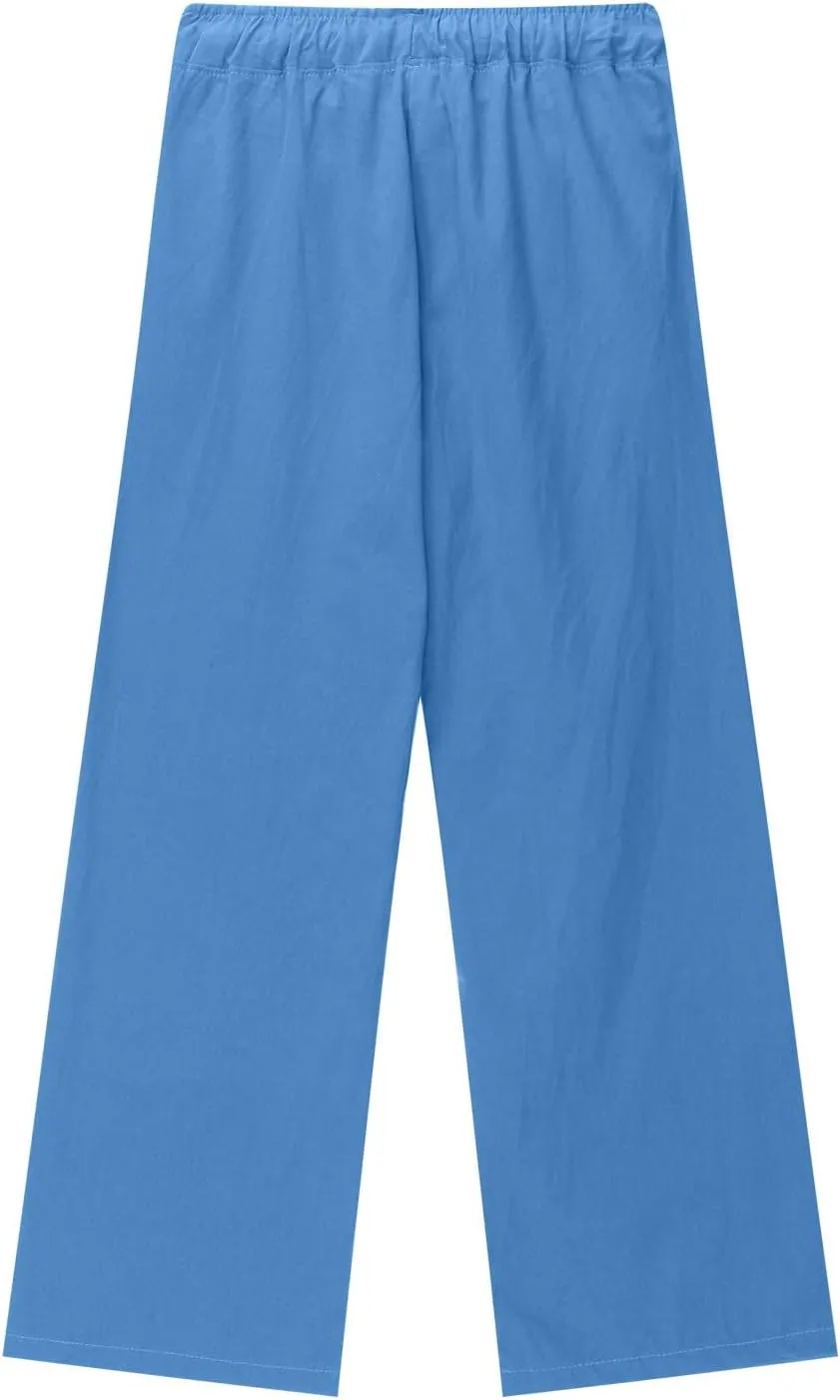 Cotton Linen Pants for Girls Summer Lightweight Wide Leg Flowy Trousers 2025 Fashion Drawstring Elastic Waist Slacks