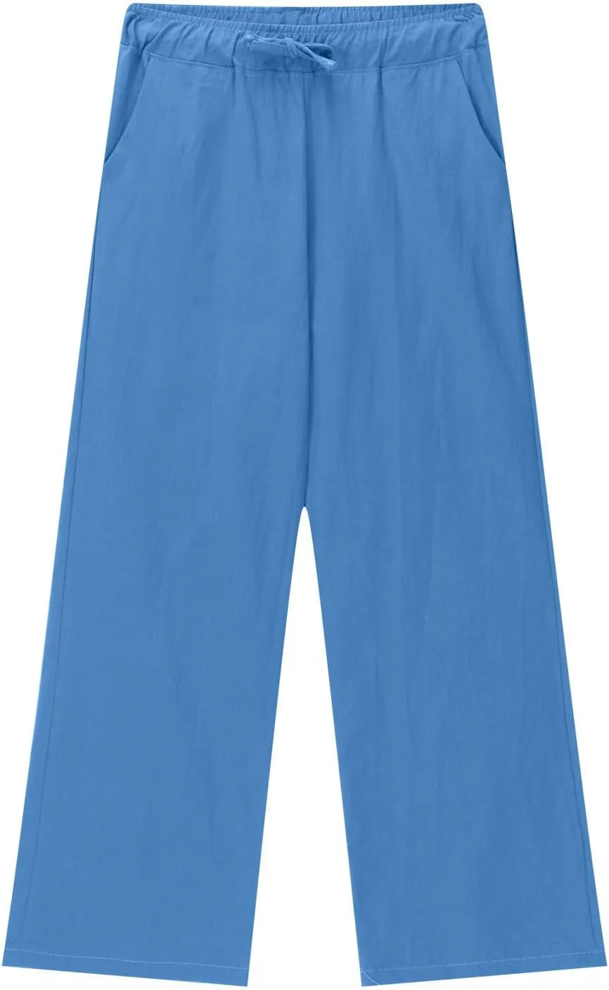 Cotton Linen Pants for Girls Summer Lightweight Wide Leg Flowy Trousers 2025 Fashion Drawstring Elastic Waist Slacks