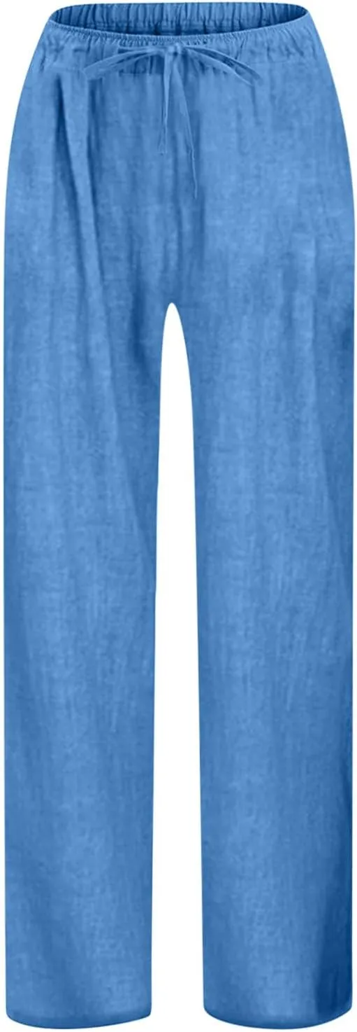 Cotton Linen Pants for Girls Summer Lightweight Wide Leg Flowy Trousers 2025 Fashion Drawstring Elastic Waist Slacks