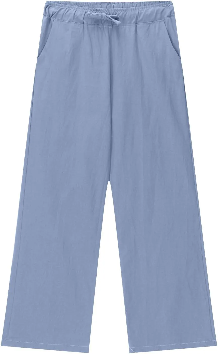 Cotton Linen Pants for Girls Summer Lightweight Wide Leg Flowy Trousers 2025 Fashion Drawstring Elastic Waist Slacks