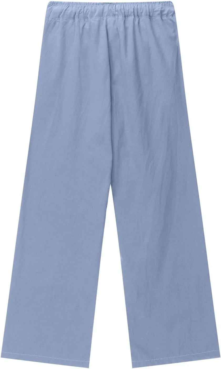 Cotton Linen Pants for Girls Summer Lightweight Wide Leg Flowy Trousers 2025 Fashion Drawstring Elastic Waist Slacks