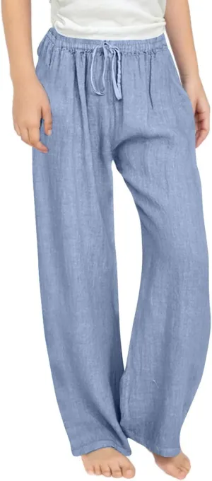 Cotton Linen Pants for Girls Summer Lightweight Wide Leg Flowy Trousers 2025 Fashion Drawstring Elastic Waist Slacks