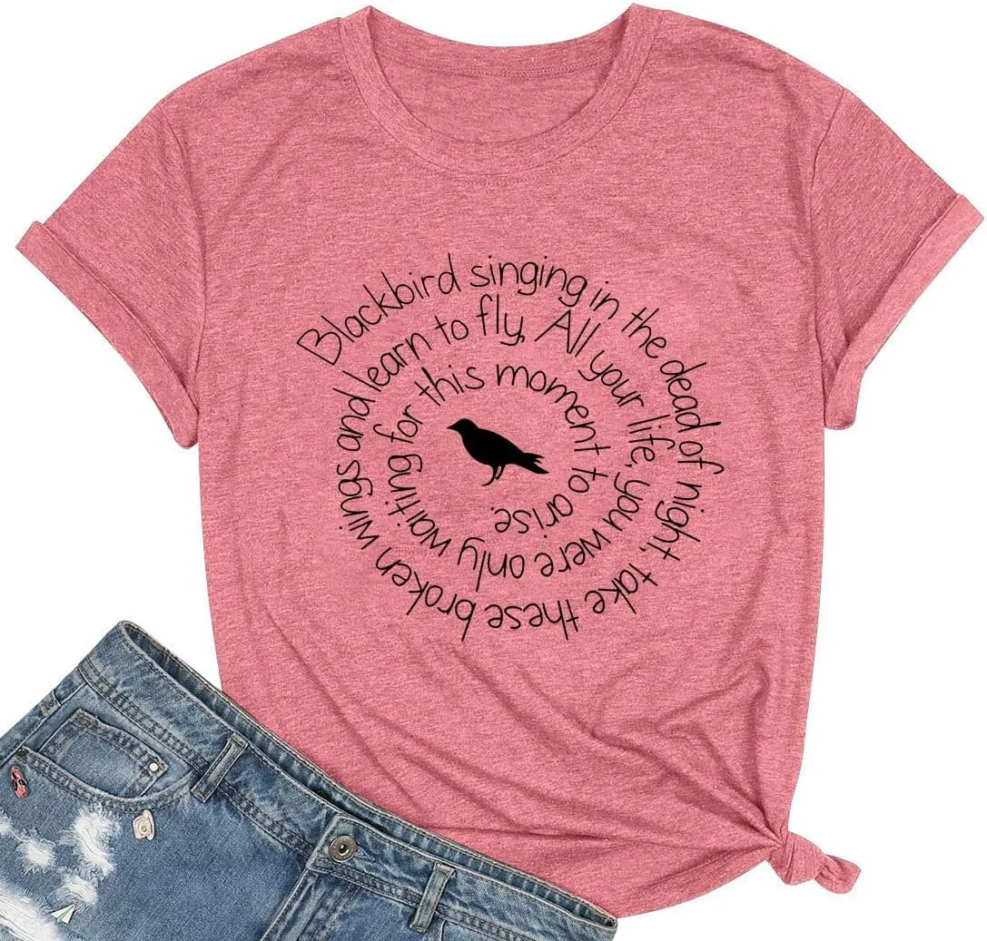 Country Music Shirt Women Blackbird Singing in The Dead of Night Tee Funny Beatles Shirt Vintage Short Sleeve Tops