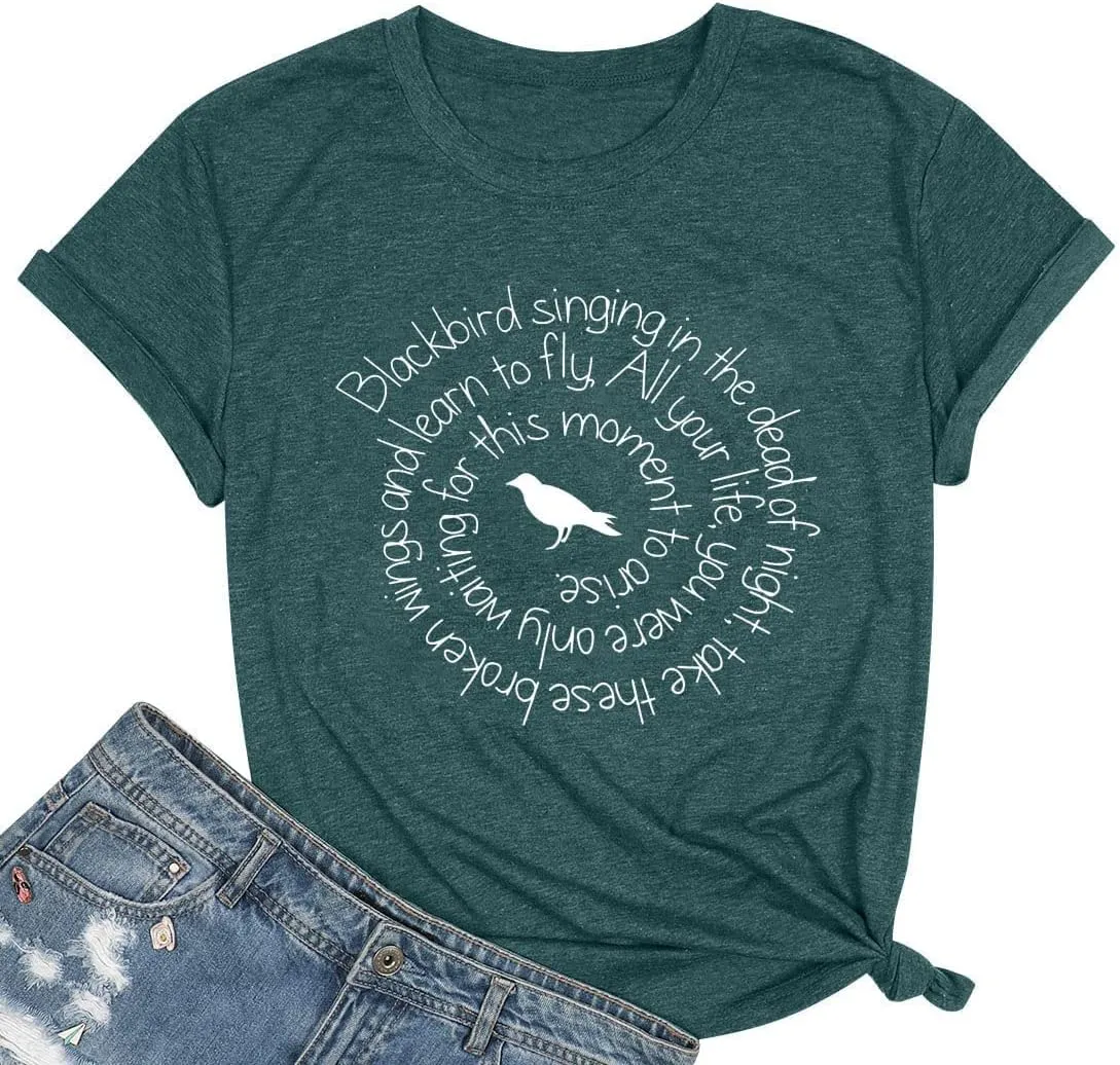 Country Music Shirt Women Blackbird Singing in The Dead of Night Tee Funny Beatles Shirt Vintage Short Sleeve Tops