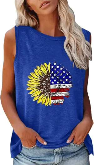 CRNTCEM American Flag Tank Tops for Women Sleeveless Floral Blue and Red Striped Printed Summer Tops Summer 4th of July Tees