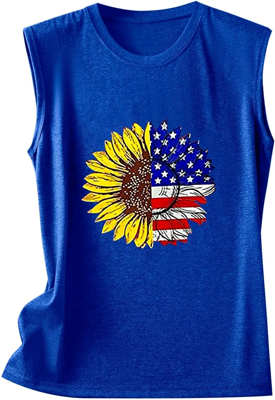 CRNTCEM American Flag Tank Tops for Women Sleeveless Floral Blue and Red Striped Printed Summer Tops Summer 4th of July Tees
