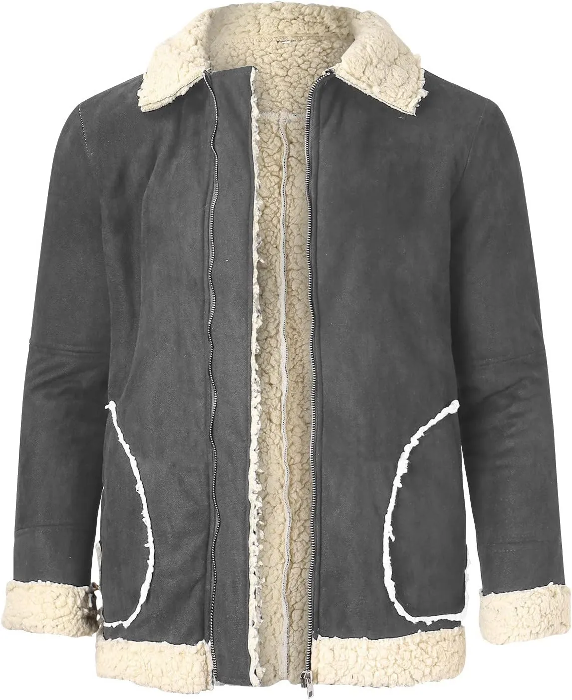 CRNTCEM Mens Shearling Sheepskin Leather Jacket Classic Brown Cotton Turn-Down Collar Sherpa Lined Warm Winter Casual Coats