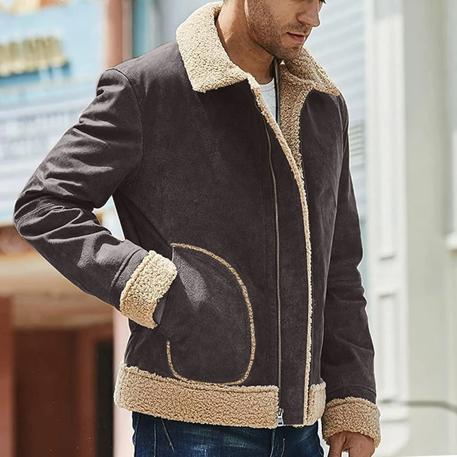 CRNTCEM Mens Shearling Sheepskin Leather Jacket Classic Brown Cotton Turn-Down Collar Sherpa Lined Warm Winter Casual Coats