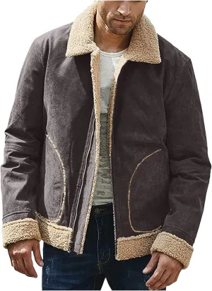 CRNTCEM Mens Shearling Sheepskin Leather Jacket Classic Brown Cotton Turn-Down Collar Sherpa Lined Warm Winter Casual Coats