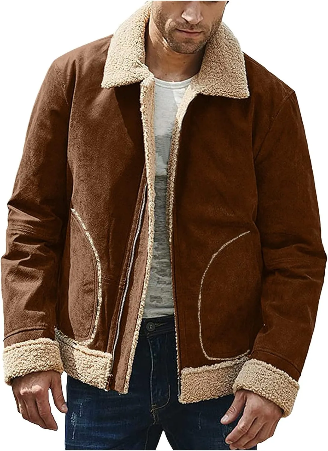 CRNTCEM Mens Shearling Sheepskin Leather Jacket Classic Brown Cotton Turn-Down Collar Sherpa Lined Warm Winter Casual Coats