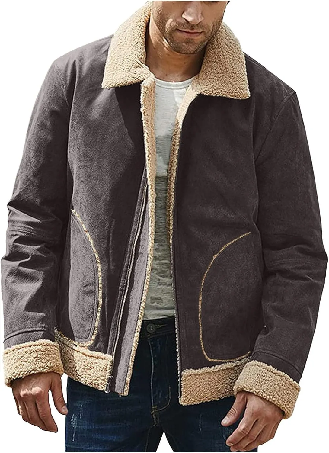 CRNTCEM Mens Shearling Sheepskin Leather Jacket Classic Brown Cotton Turn-Down Collar Sherpa Lined Warm Winter Casual Coats