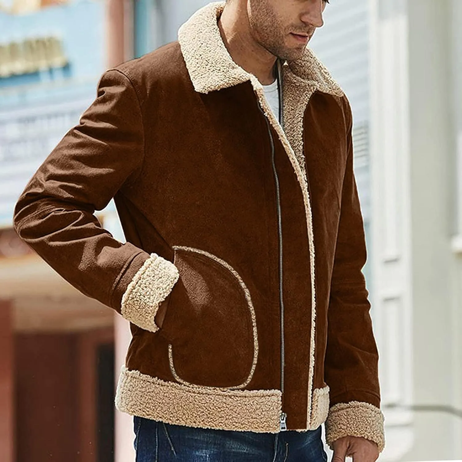 CRNTCEM Mens Shearling Sheepskin Leather Jacket Classic Brown Cotton Turn-Down Collar Sherpa Lined Warm Winter Casual Coats