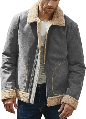 CRNTCEM Mens Shearling Sheepskin Leather Jacket Classic Brown Cotton Turn-Down Collar Sherpa Lined Warm Winter Casual Coats