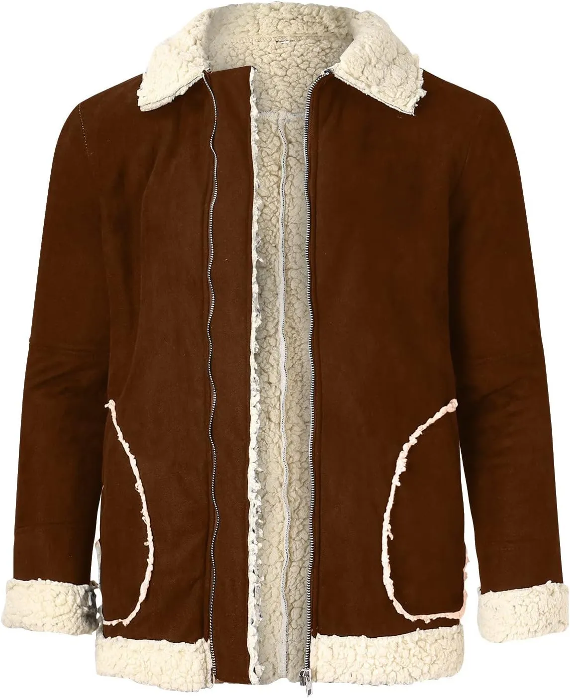 CRNTCEM Mens Shearling Sheepskin Leather Jacket Classic Brown Cotton Turn-Down Collar Sherpa Lined Warm Winter Casual Coats