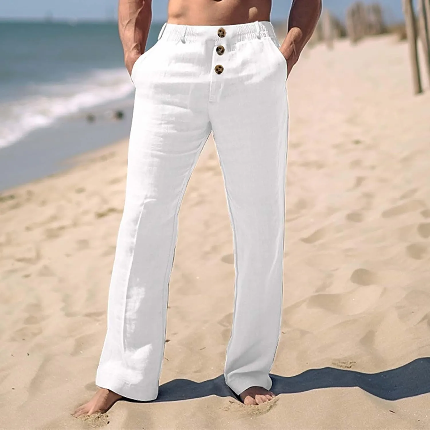 CRNTCEM Mens Wide Leg Business Cotton Linen Pants Lightweight Work Office Dress Pants Straight Leg Athletic Workout Trousers