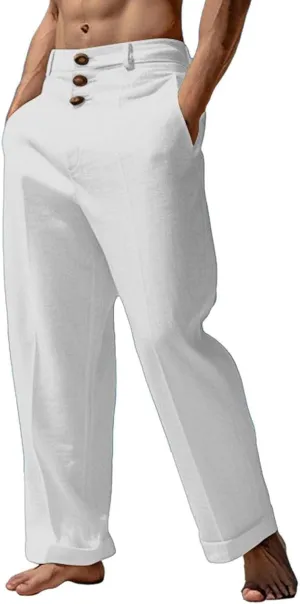 CRNTCEM Mens Wide Leg Business Cotton Linen Pants Lightweight Work Office Dress Pants Straight Leg Athletic Workout Trousers