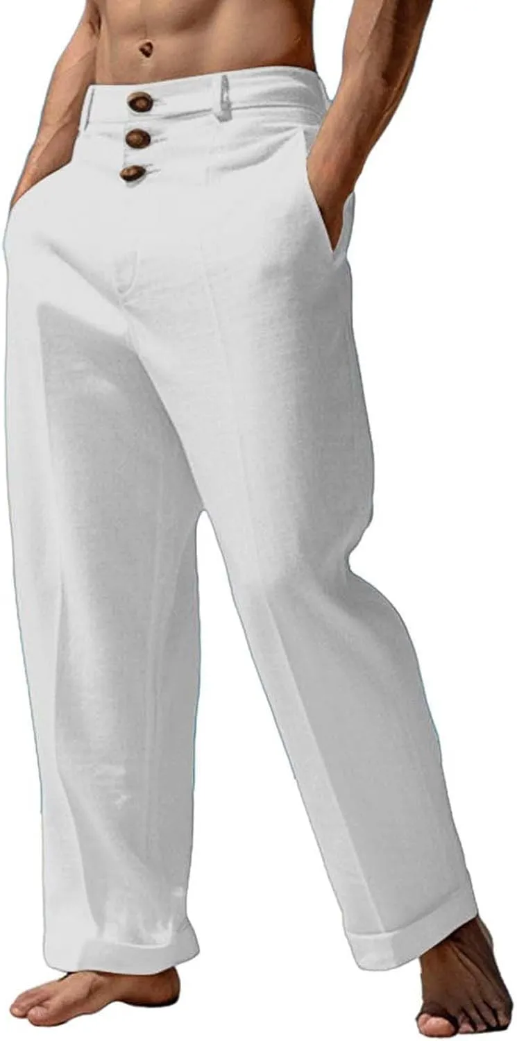 CRNTCEM Mens Wide Leg Business Cotton Linen Pants Lightweight Work Office Dress Pants Straight Leg Athletic Workout Trousers