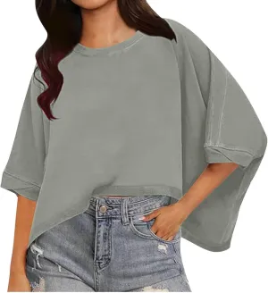Crop Tops for Women Short Sleeve Crewneck Solid Tops 2024 Oversized Tshirts Casual Summer Loose Basic Tees