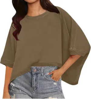 Crop Tops for Women Short Sleeve Crewneck Solid Tops 2024 Oversized Tshirts Casual Summer Loose Basic Tees