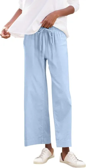Cropped Wide Leg Linen Pants Women Summer Comfy Baggy High Waisted Casaul Flowy Beach Pants Trousers with Pockets