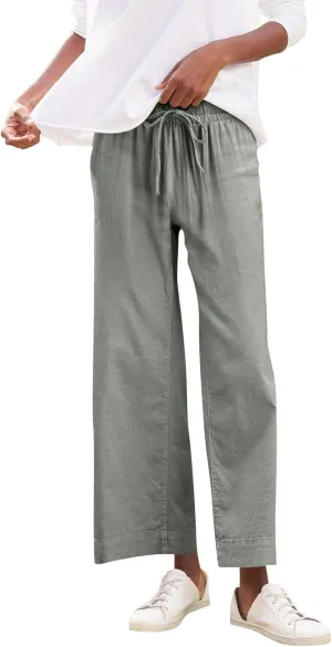 Cropped Wide Leg Linen Pants Women Summer Comfy Baggy High Waisted Casaul Flowy Beach Pants Trousers with Pockets